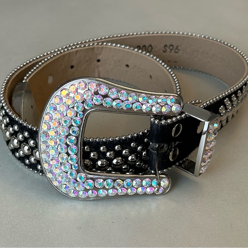 B.B. Simon M6000 Black Leather Belt with Silver and Iridescent Accents